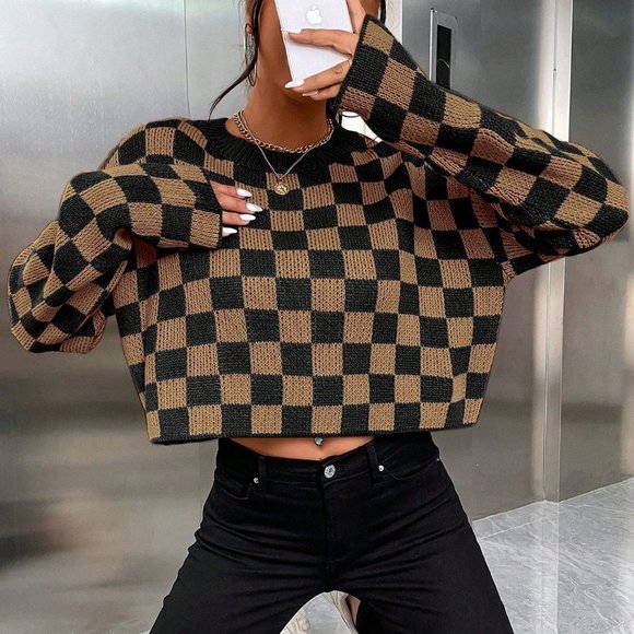 Brown Preppy womens Checkered Pattern Drop Shoulder Sweater - Picture 4 of 5